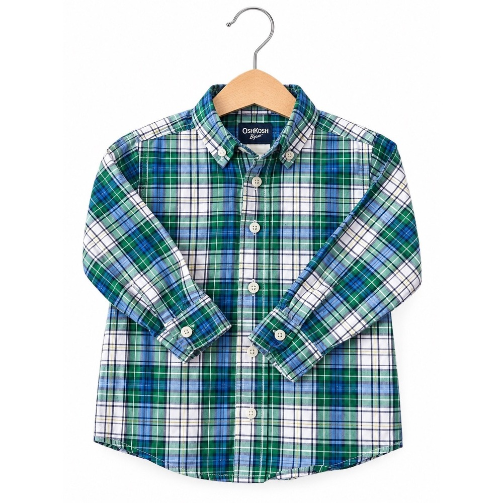 OshKosh B'Gosh Boys Shirt‎ Size 3T Green Blue Yellow Plaid Button Down